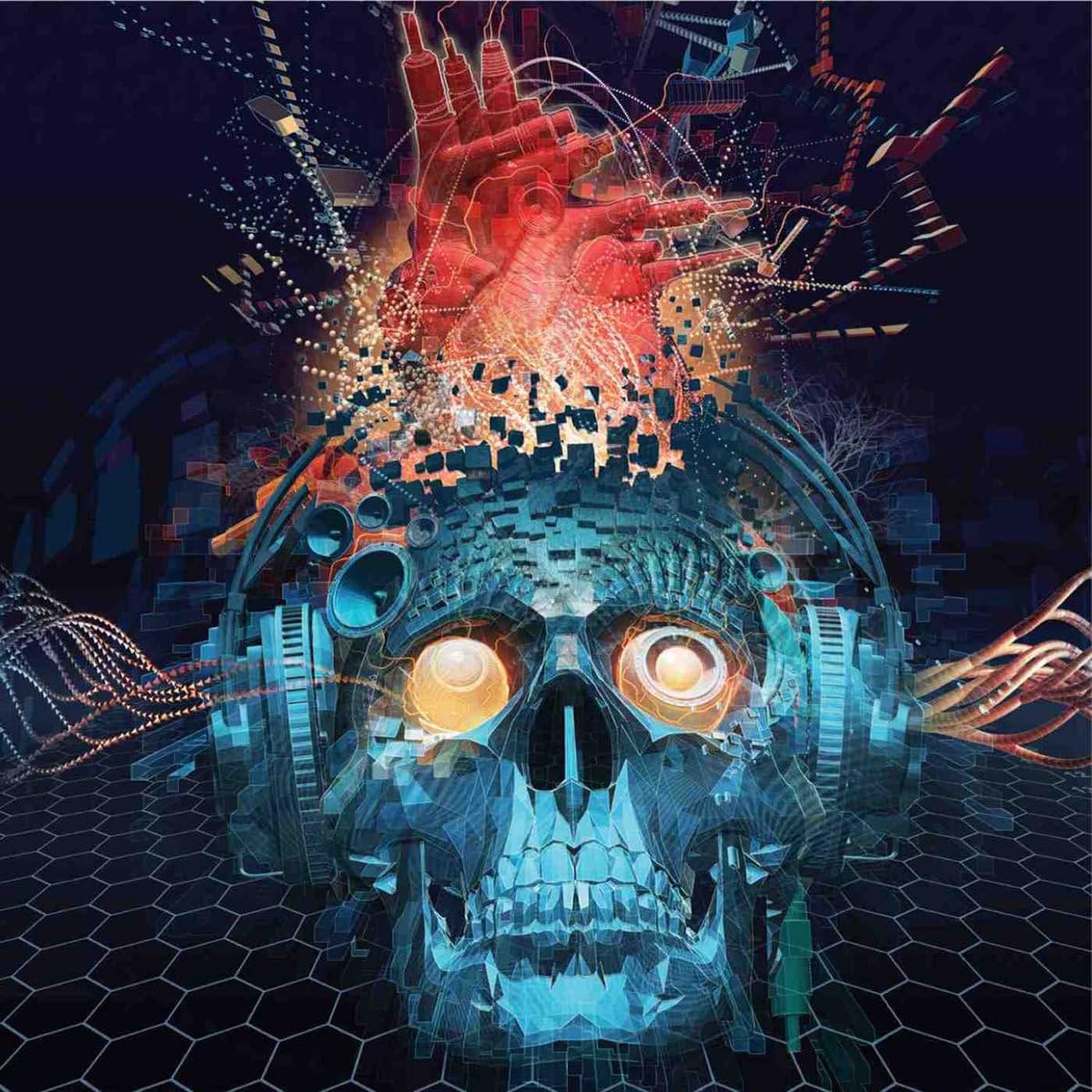 "CD cover art featuring a futuristic skull with glowing eyes and headphones."