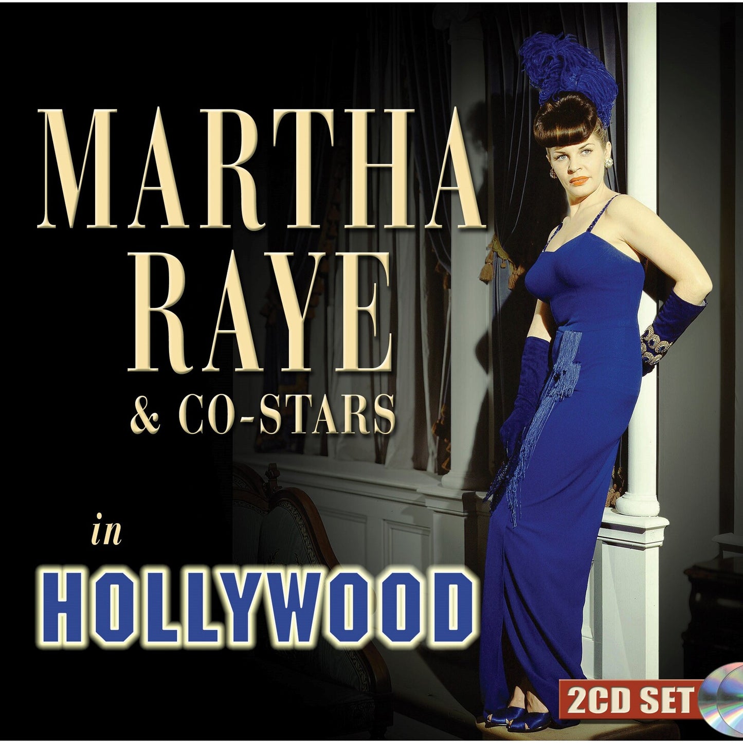 Martha Raye in a blue gown, posing for a Hollywood-themed CD cover.