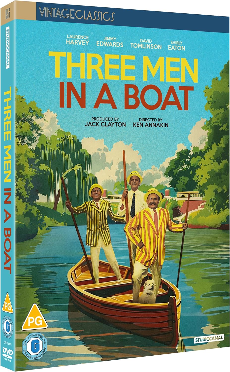 DVD cover for "Three Men In A Boat" featuring men in a rowboat.
