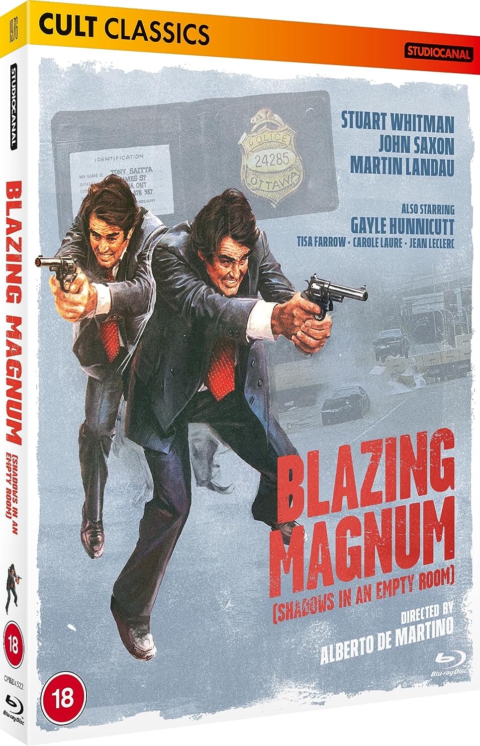 Blu-ray cover for "Blazing Magnum" featuring two men running with guns.
