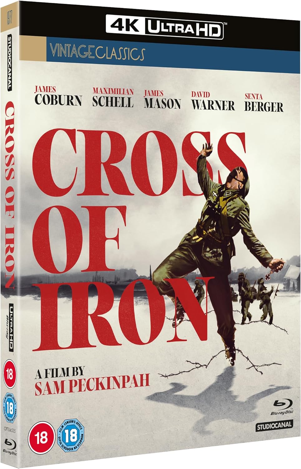 “Cross of Iron” UHD Blu-ray cover featuring soldiers in a war scene.