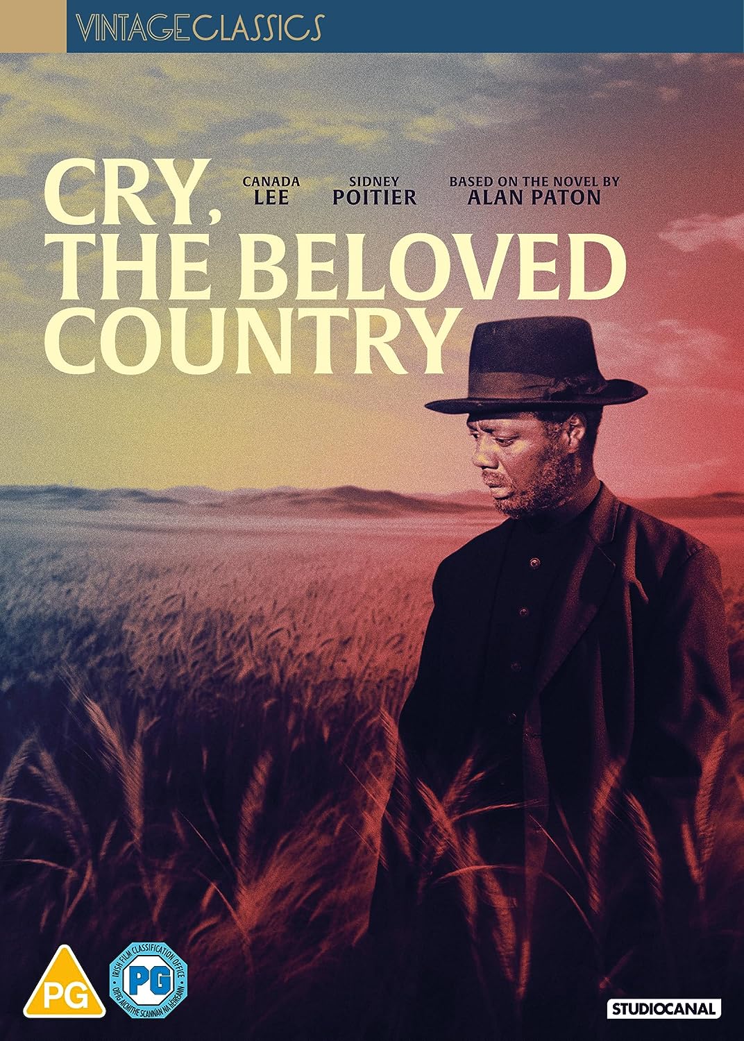 “Cry, The Beloved Country” DVD cover featuring Sidney Poitier in a field.