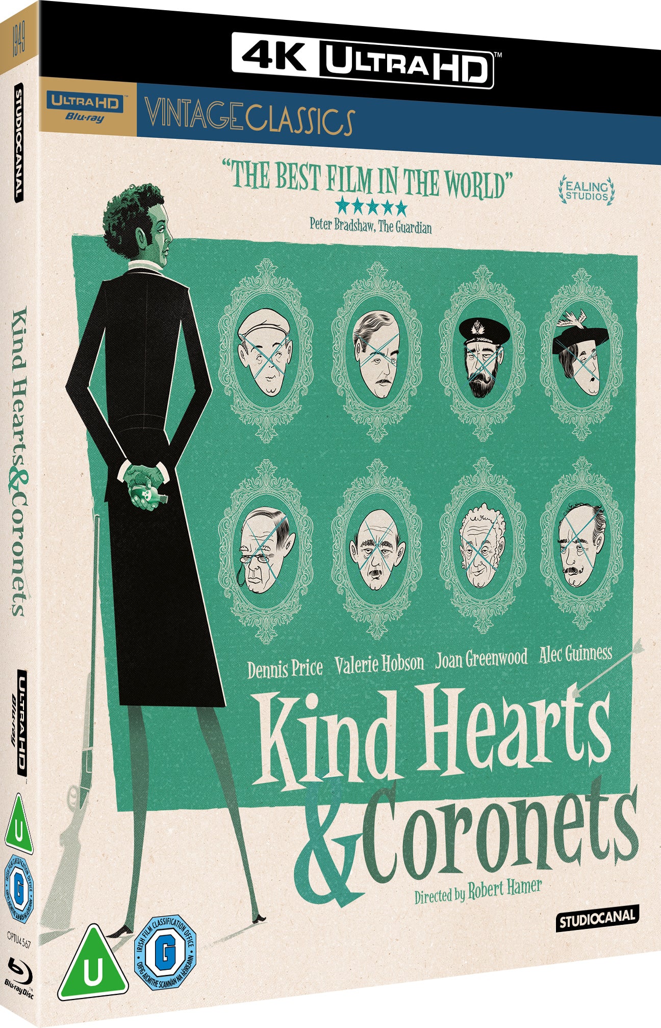 Kind Hearts and Coronets 4K Ultra HD Blu-ray cover featuring illustrated portraits with crossed-out faces.