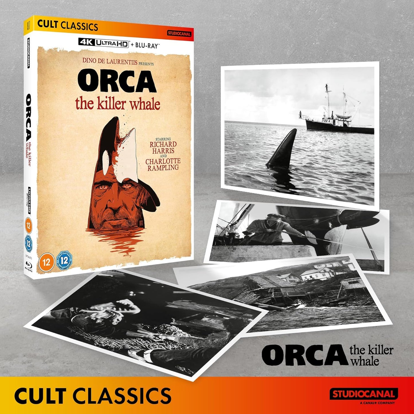 Blu-ray cover for "Orca," featuring a sketched whale and stormy seas.