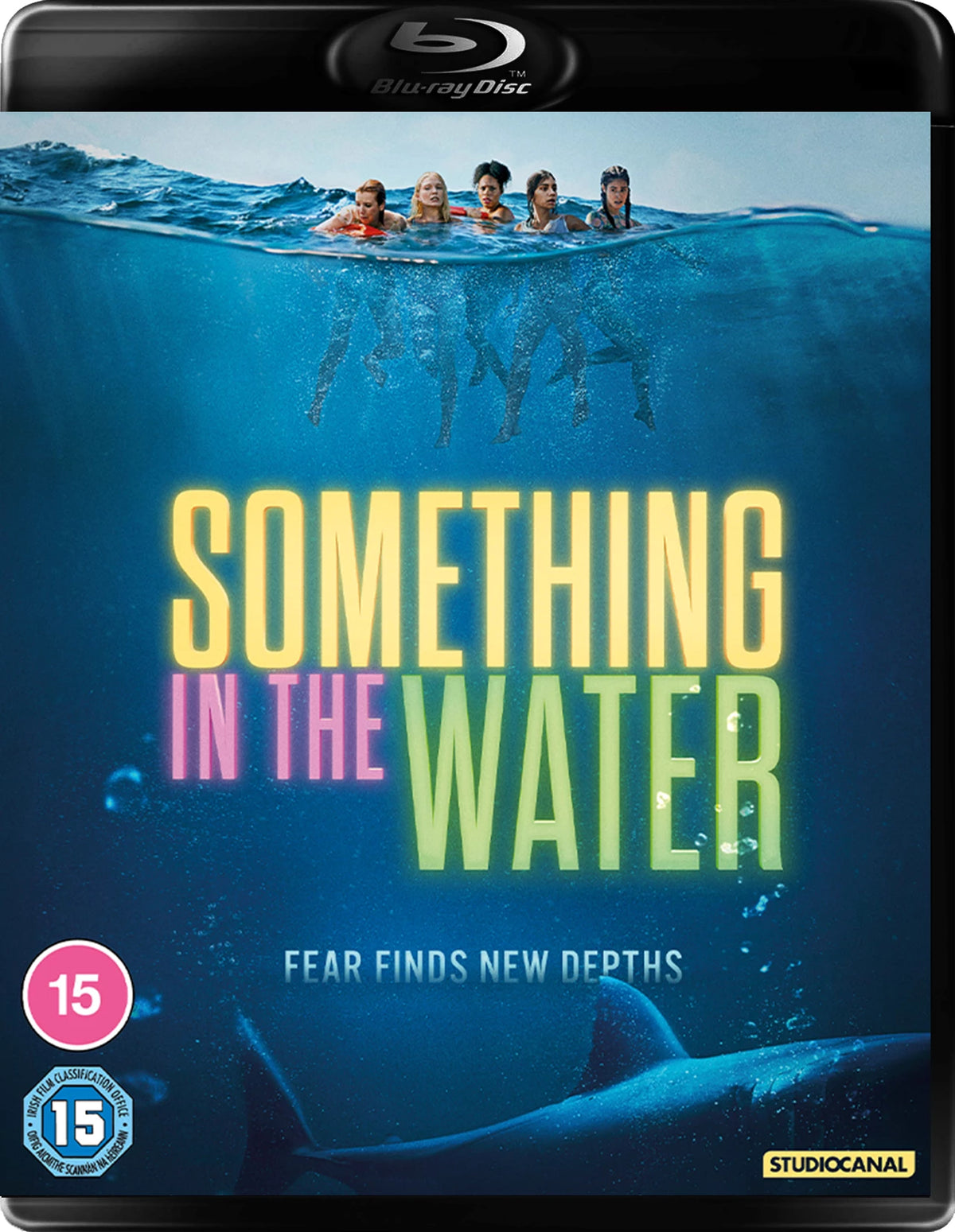 Something In The Water" Blu-ray cover with people swimming near a shark.