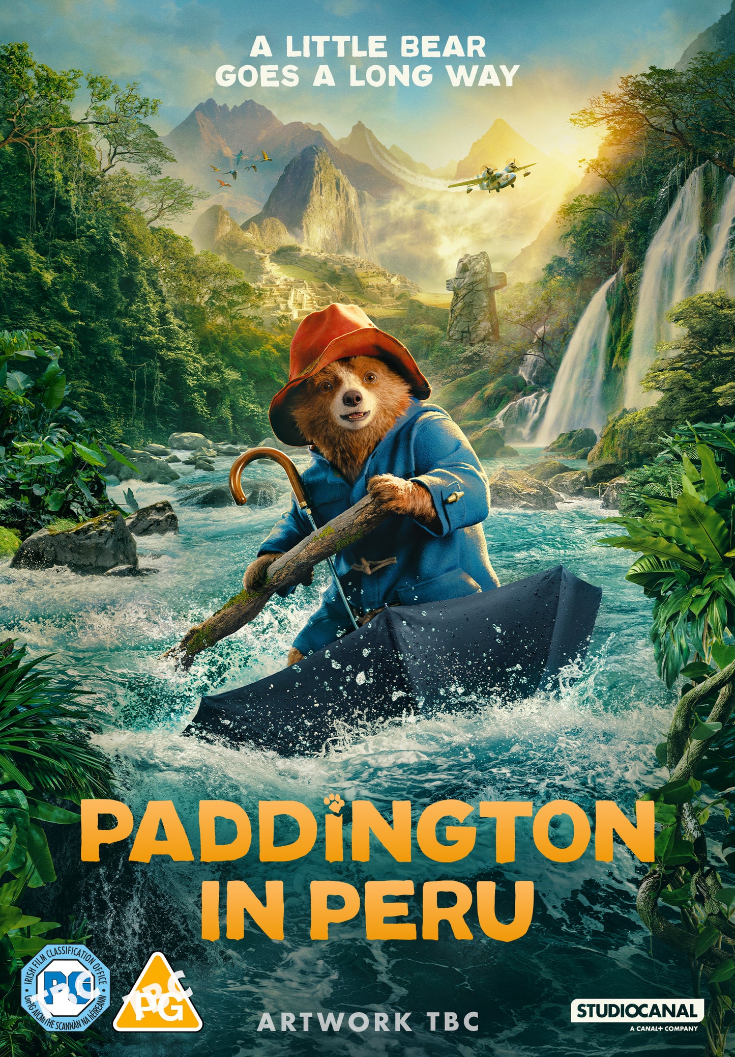 Paddington Bear paddling a boat through a lush, mountainous Peruvian landscape.
