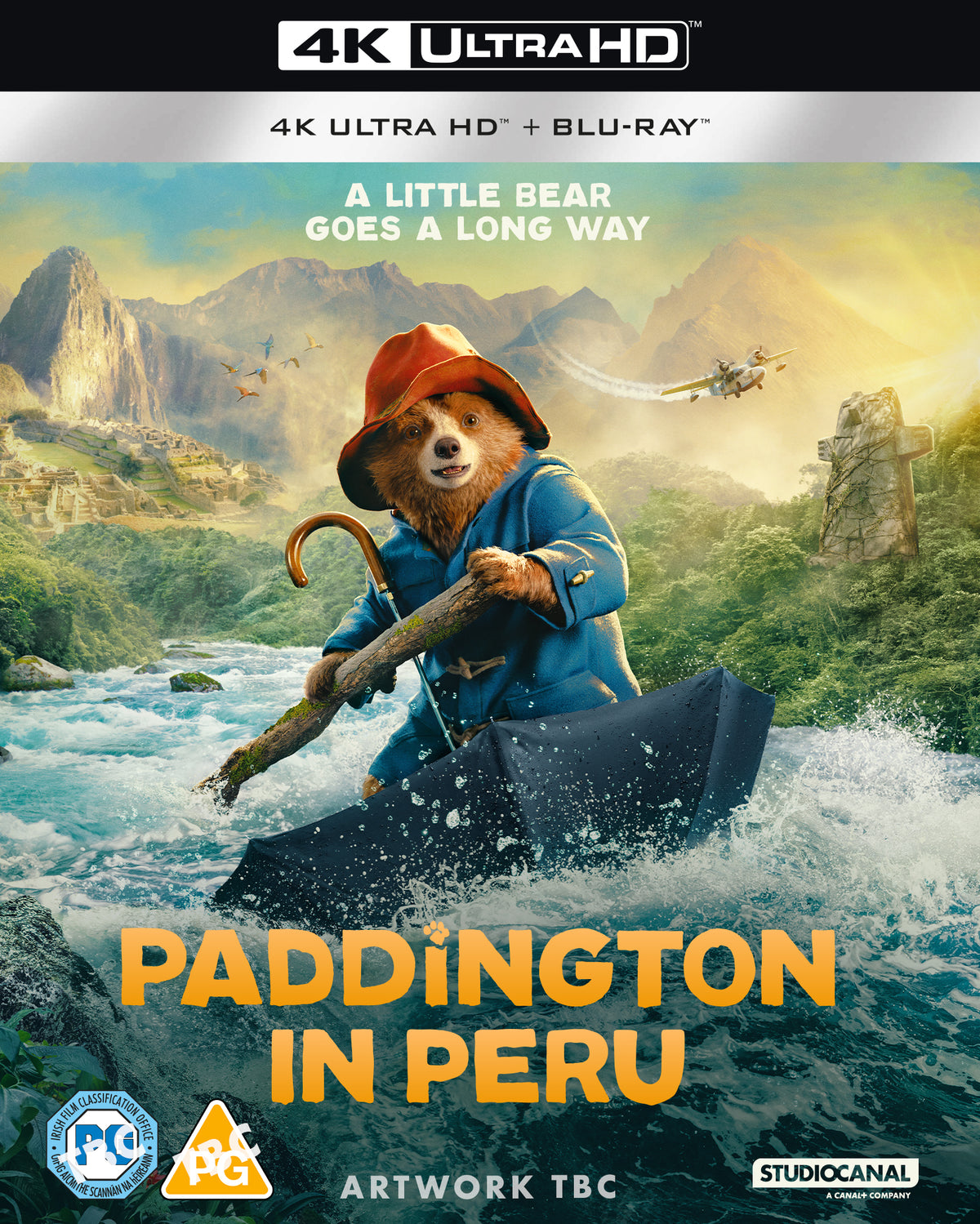 Paddington Bear on a raft in turbulent waters, film cover.