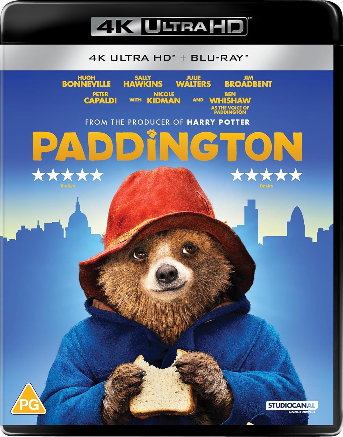 Paddington" 4K UHD Blu-ray cover featuring the bear in a blue coat.