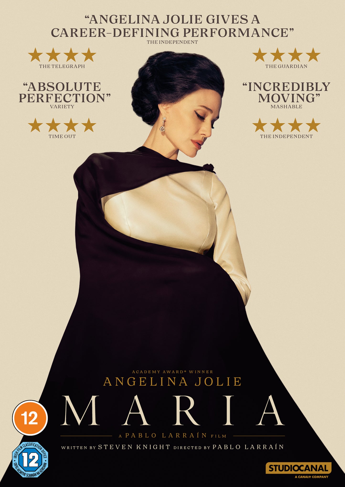 DVD cover for "Maria" featuring Angelina Jolie in a brown coat.