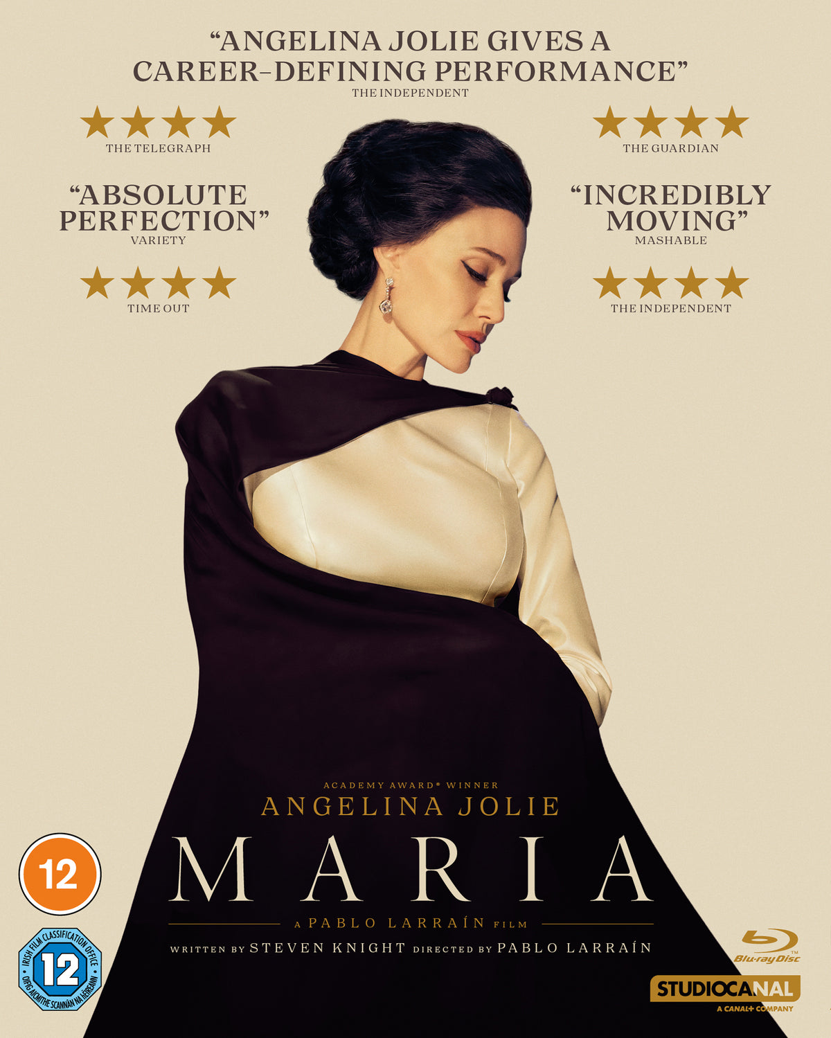 Movie poster for "Maria" featuring Angelina Jolie in a red dress.