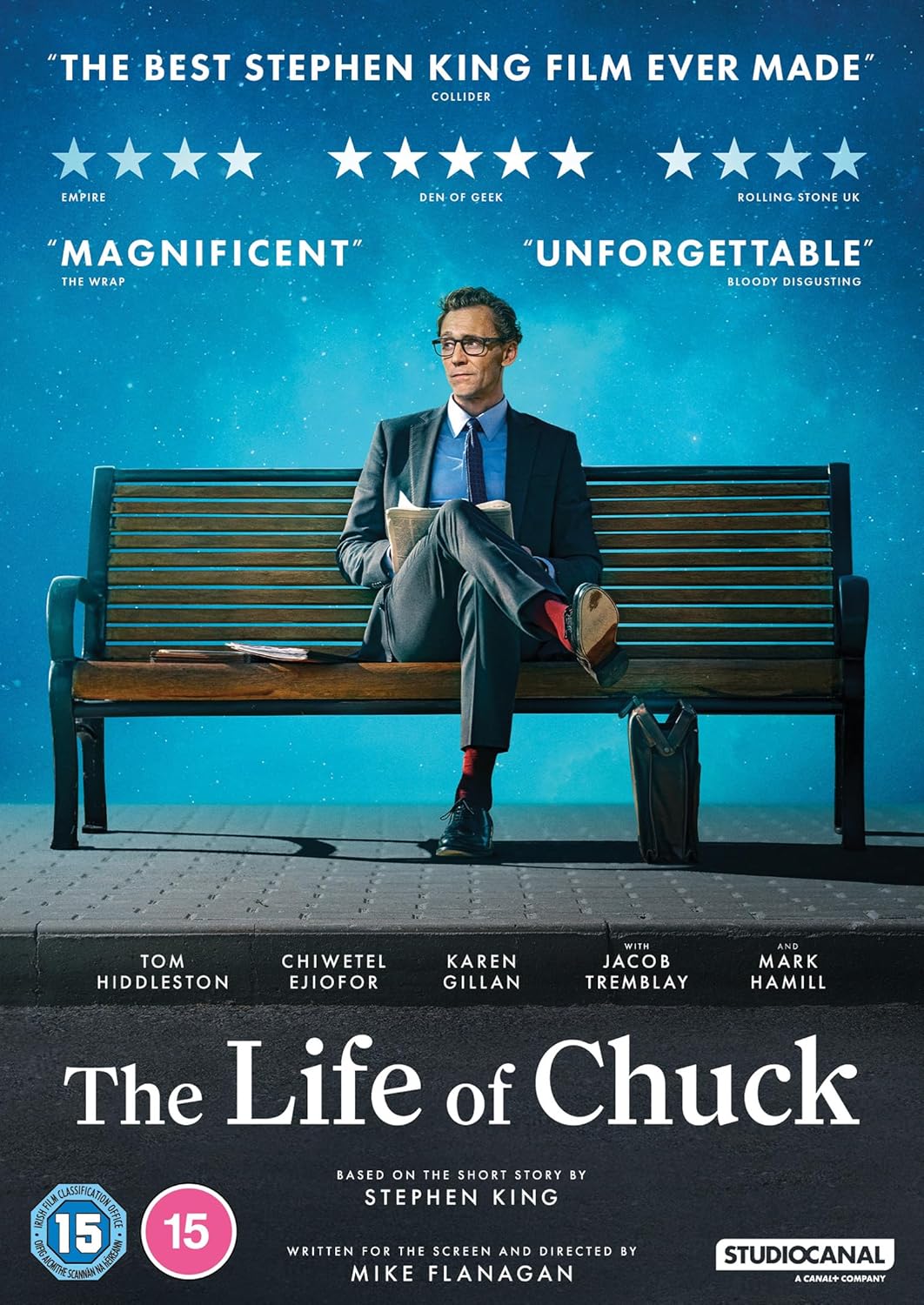 DVD cover for “The Life of Chuck” featuring Tom Hiddleston on a park bench.