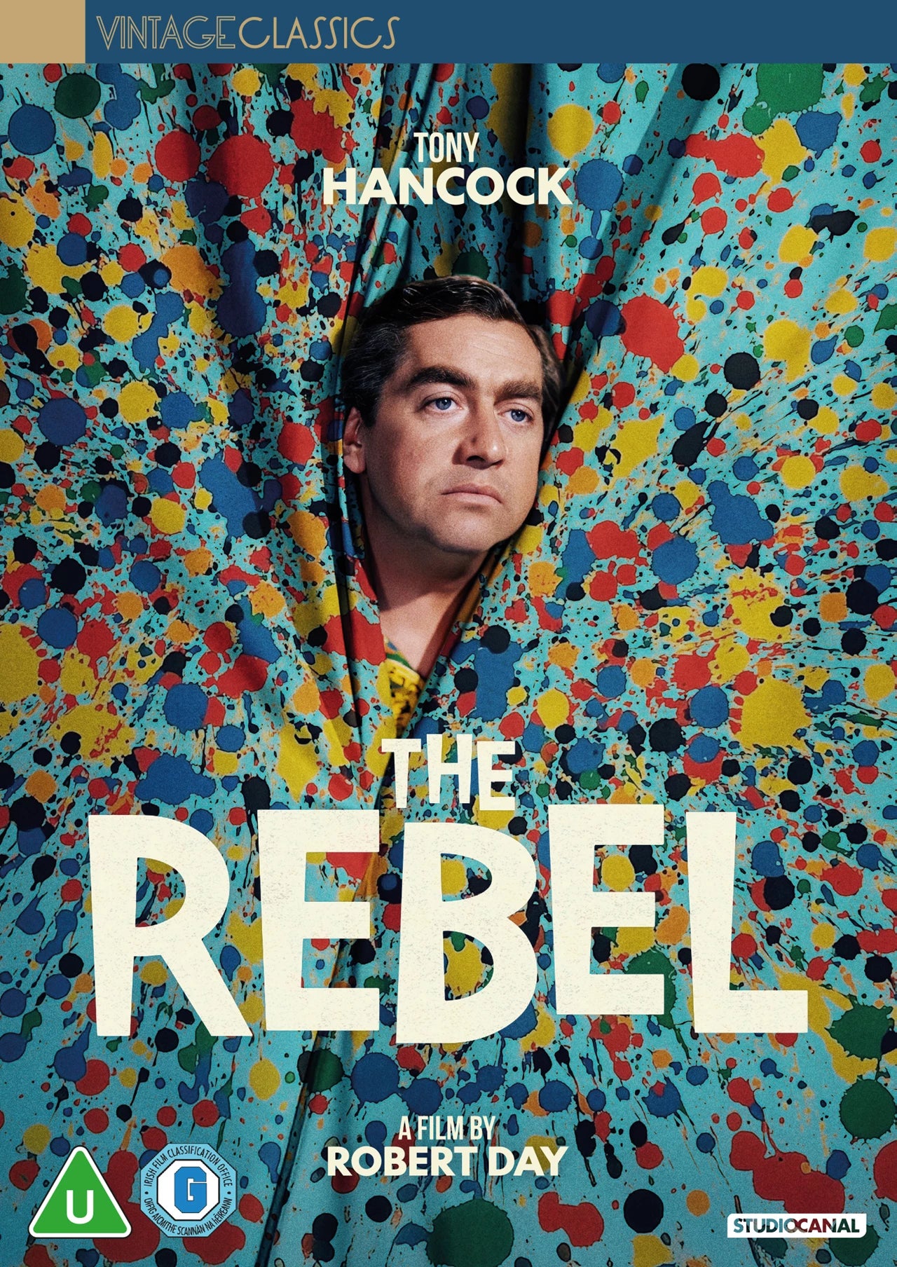 Tony Hancock’s face emerging from colorful paint splatters, DVD cover.