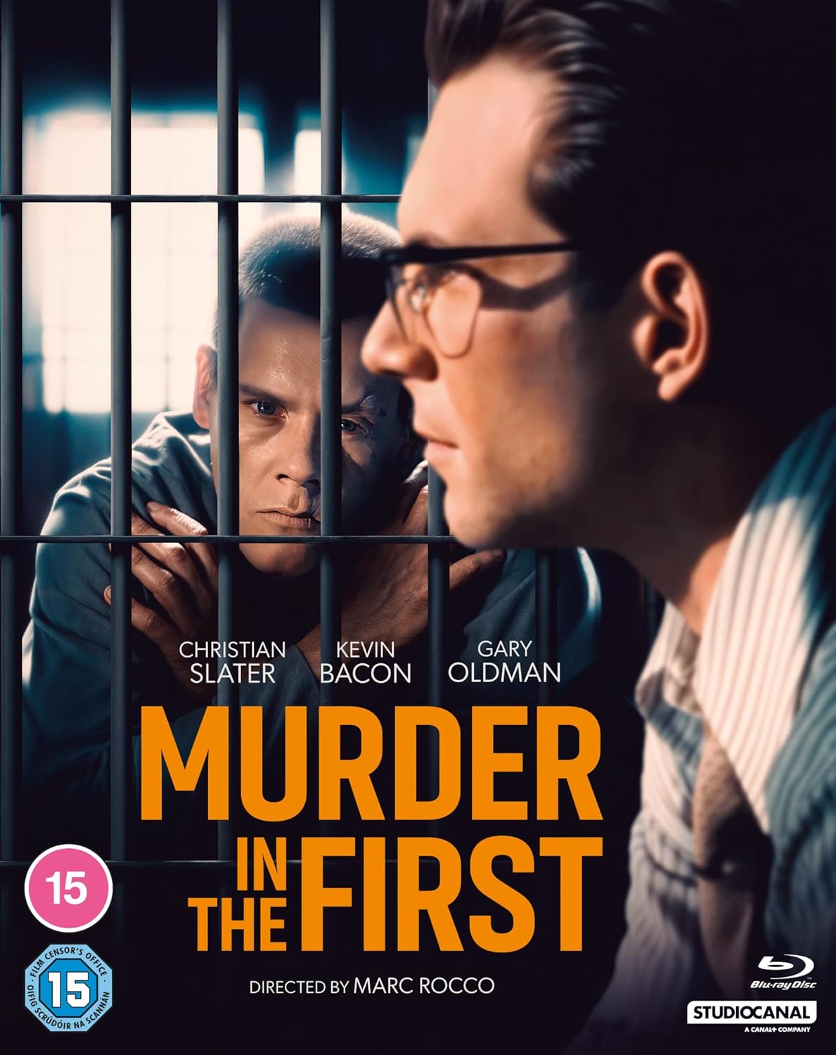 Blu-ray cover for "Murder In The First" featuring actors behind bars.