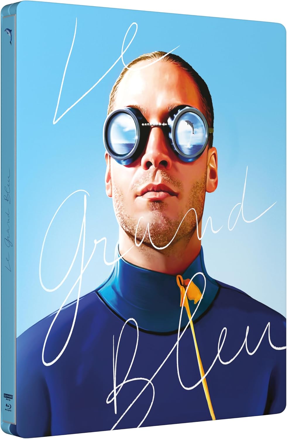 SteelBook Blu-ray cover featuring a man with large goggles against a blue background.