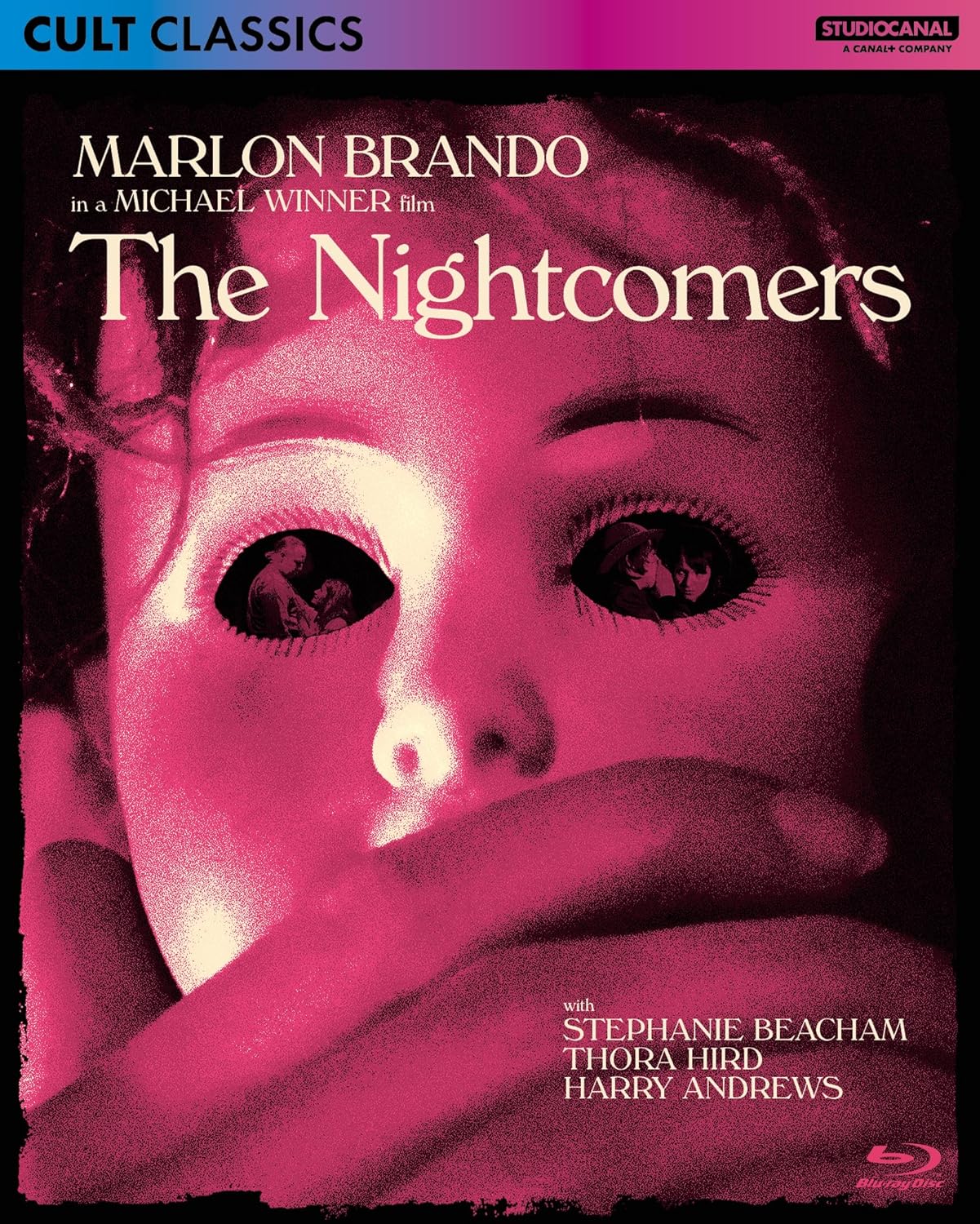 Blu-ray cover for "The Nightcomers" featuring a distorted face and eye.