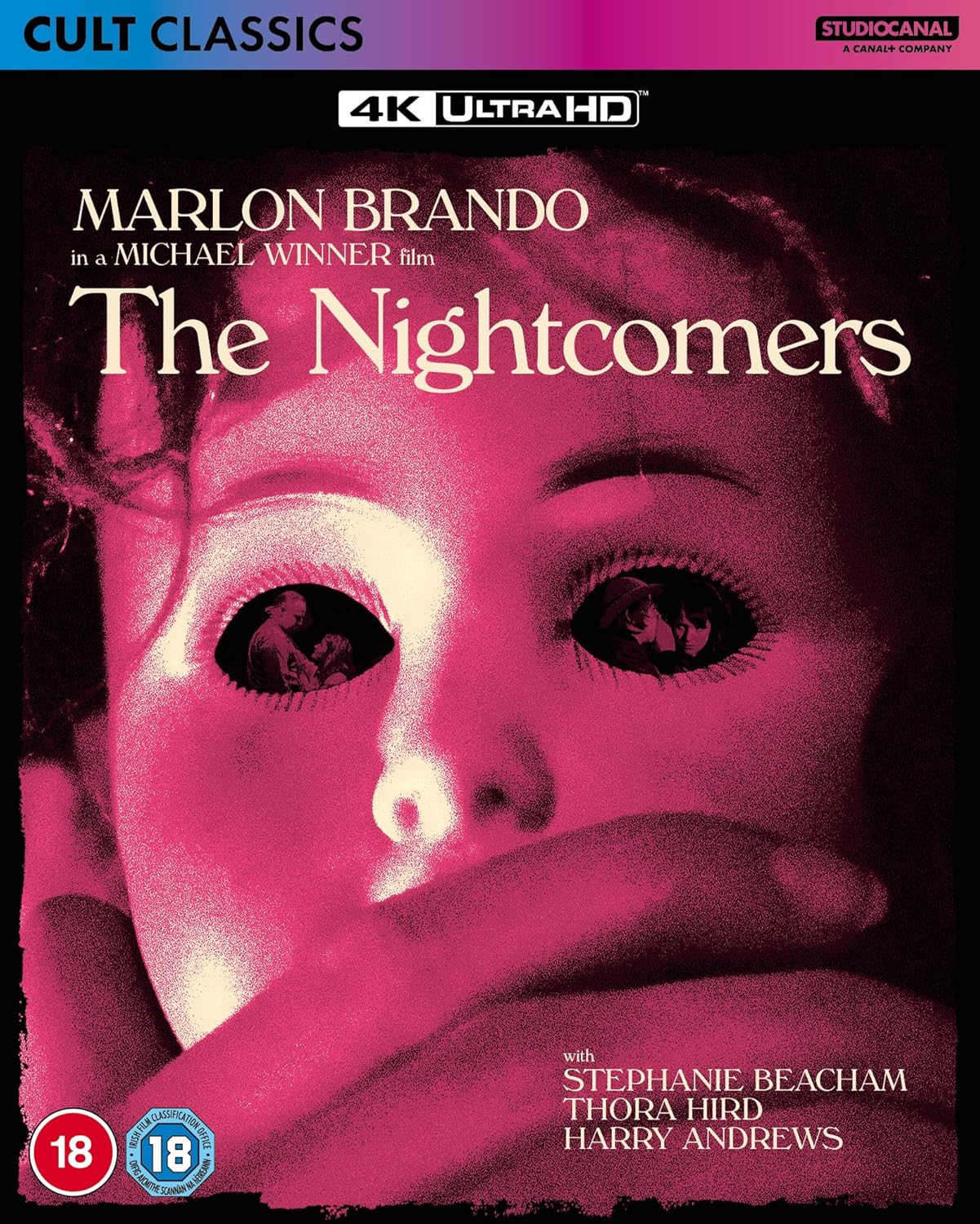 UHD Blu-ray cover for "The Nightcomers" featuring Marlon Brando and eyes.