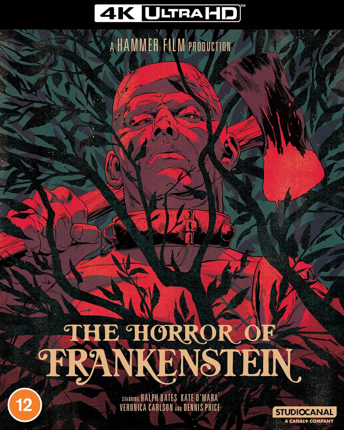 “The Horror of Frankenstein” UHD Blu-ray cover featuring a monstrous face.