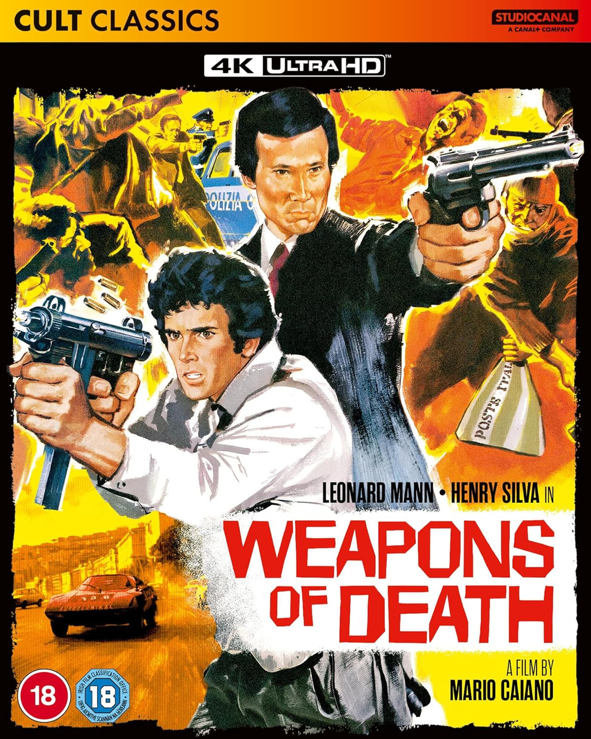 Blu-ray cover for "Weapons of Death" featuring men with guns, 4K UHD.