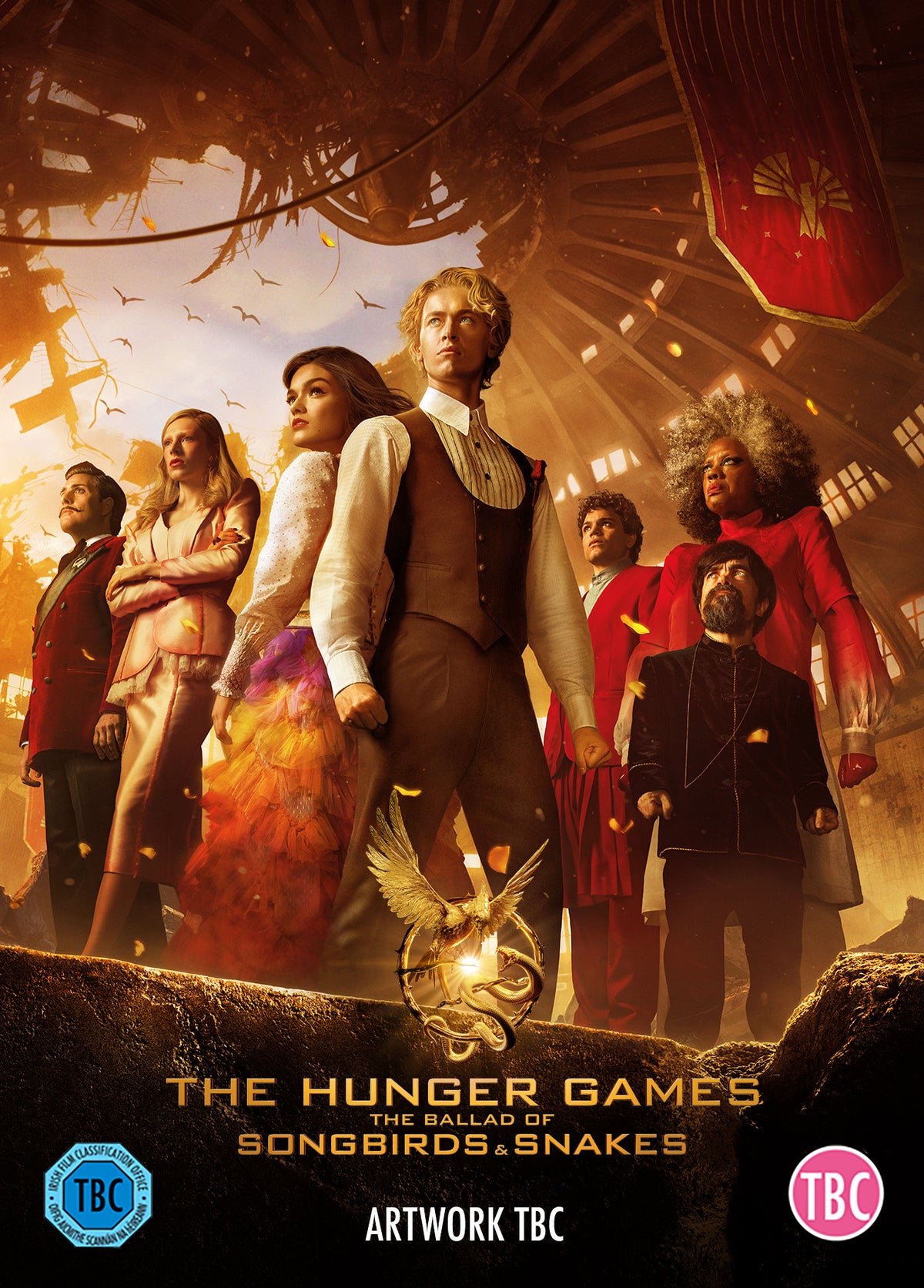 The Hunger Games: Songbirds & Snakes" movie poster with cast standing before a dome.