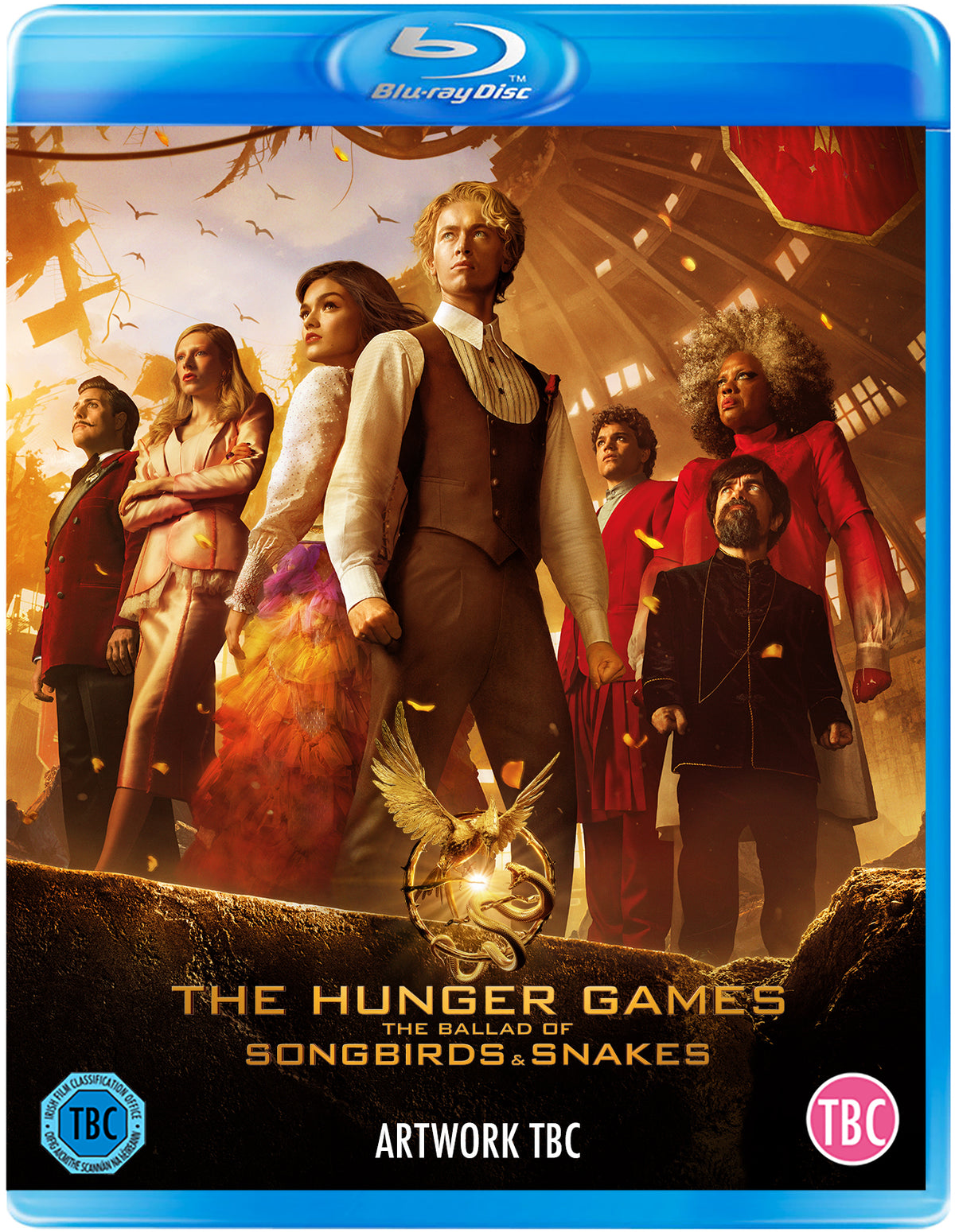 Blu-ray cover for "The Hunger Games: Songbirds & Snakes" with cast portrait.