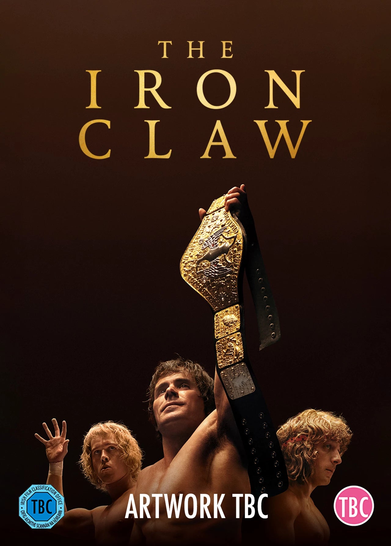 The Iron Claw" DVD cover featuring three wrestlers and a championship belt.