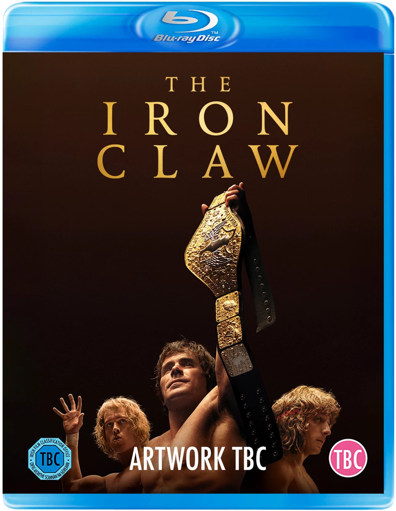 The Iron Claw" Blu-ray cover featuring a wrestler holding a championship belt.