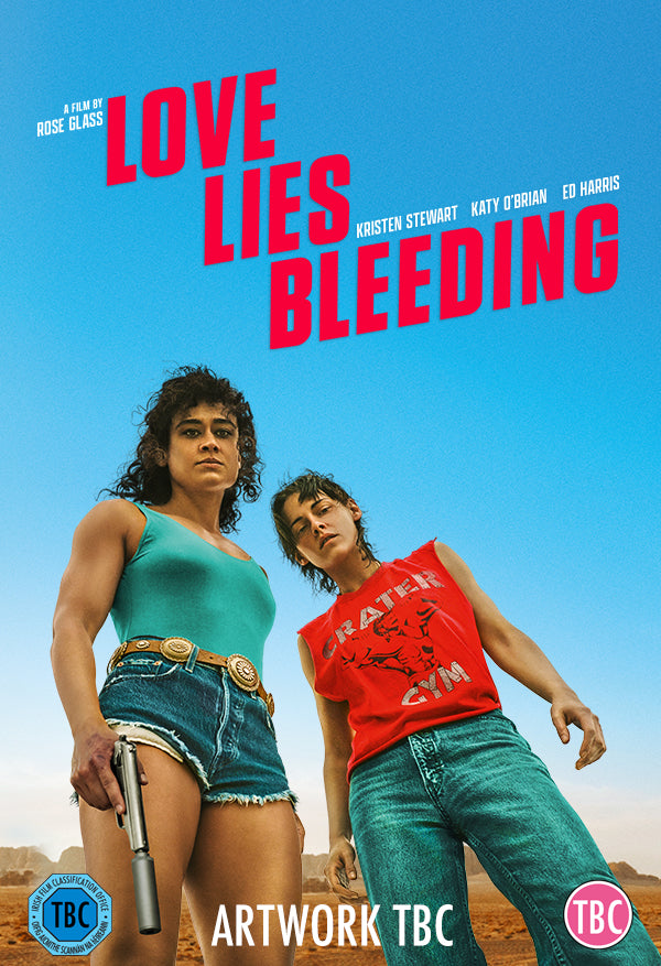 “Love Lies Bleeding” DVD cover with two women in denim against a blue sky.