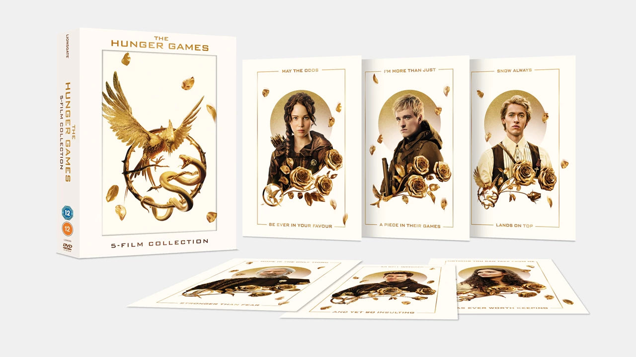 The Hunger Games" 5-DVD collection with mockingjay and character imagery.