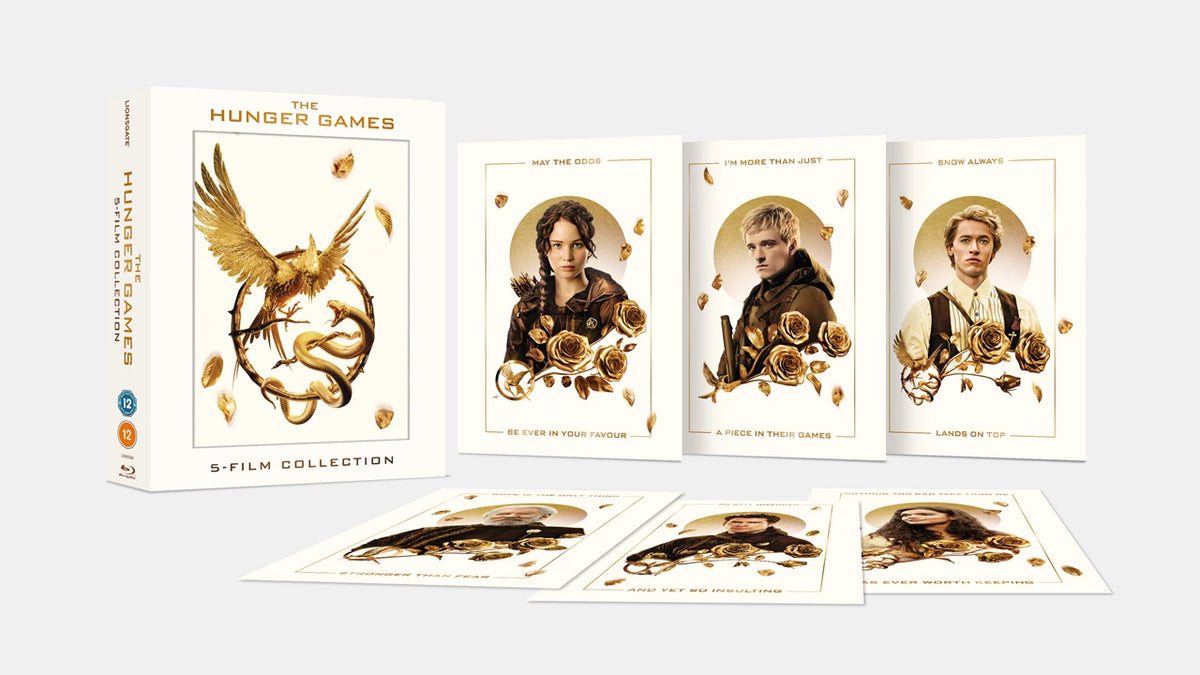 The Hunger Games" 5-film Blu-ray collection with character portraits and a mockingjay.