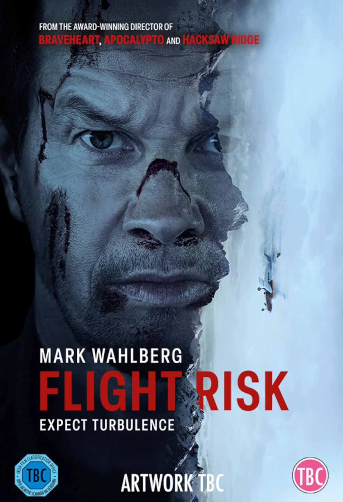 DVD cover for "Flight Risk" featuring Mark Wahlberg’s distressed face.