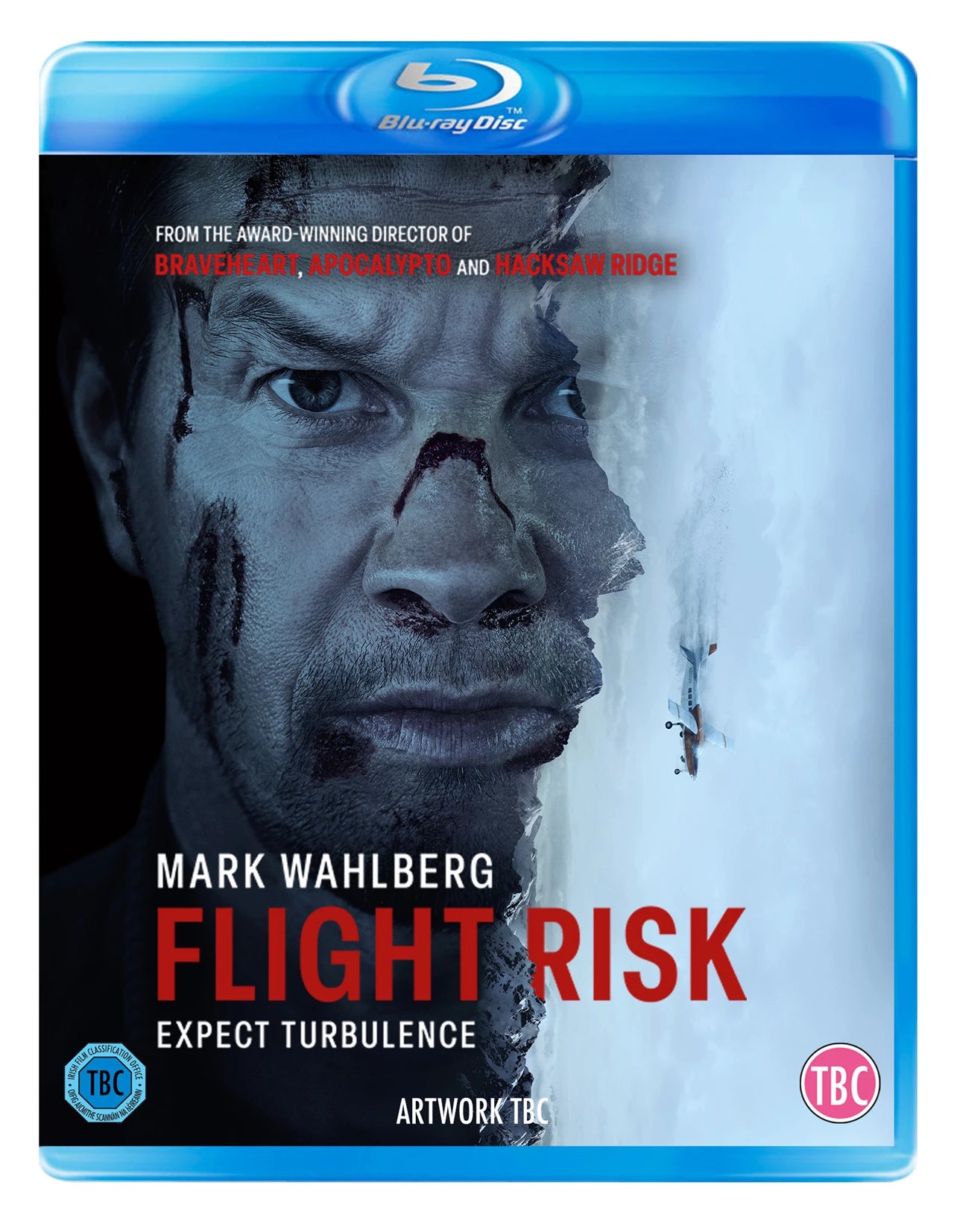 Blu-ray cover for "Flight Risk" featuring Mark Wahlberg’s face and a plane.