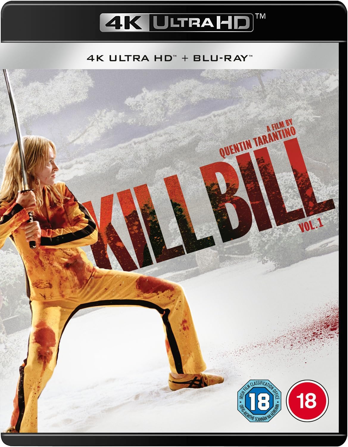 “Kill Bill Vol. 1” Blu-ray cover featuring The Bride with a sword, blood splatters.