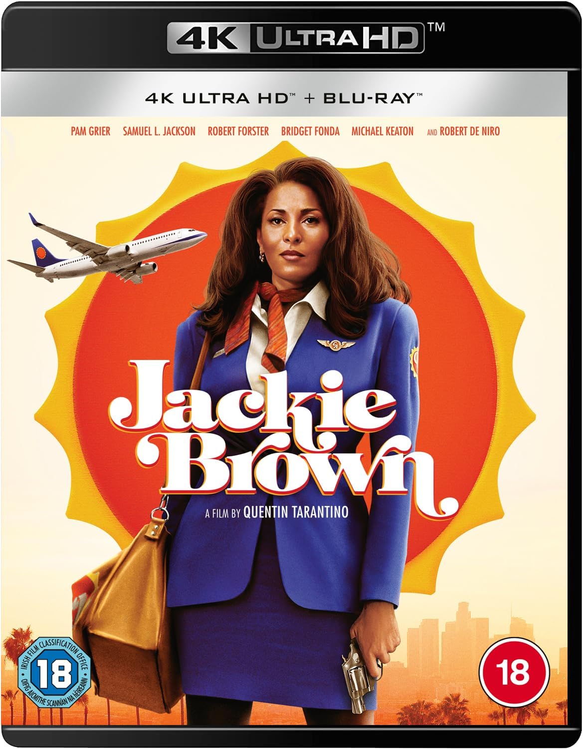 Jackie Brown" 4K UHD+Blu-ray cover featuring Pam Grier as an airline stewardess.