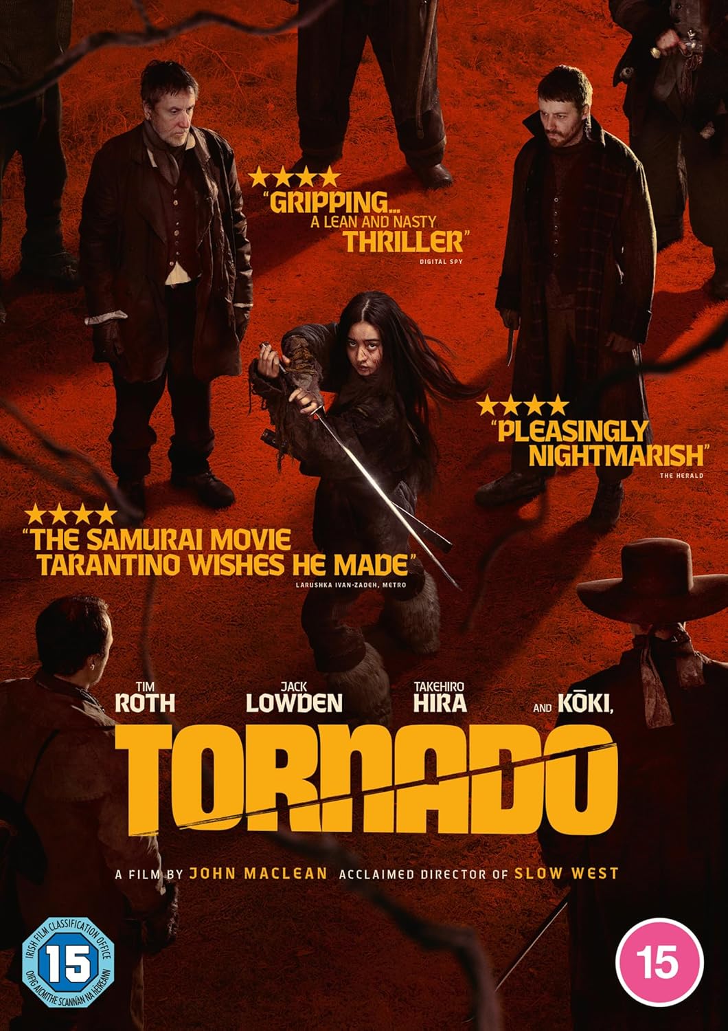DVD cover for "Tornado" featuring figures with weapons against a red background.