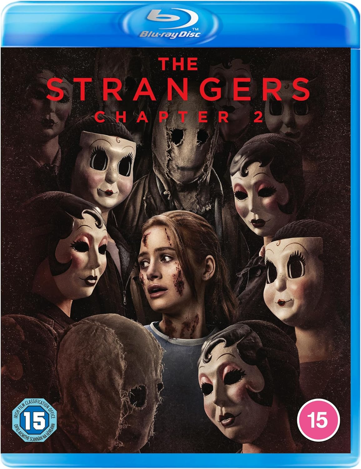 Blu-ray cover for "The Strangers: Chapter 2" featuring masked figures and a frightened woman.