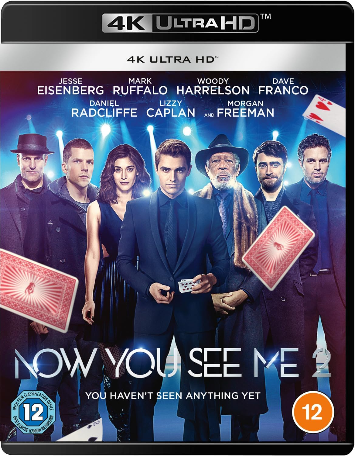 Now You See Me 2" 4K UHD Blu-ray cover with cast portraits and card imagery.