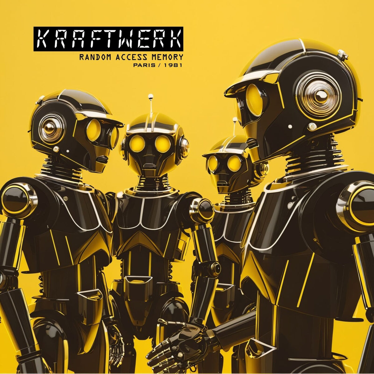 Kraftwerk album cover featuring two golden robotic figures against black.