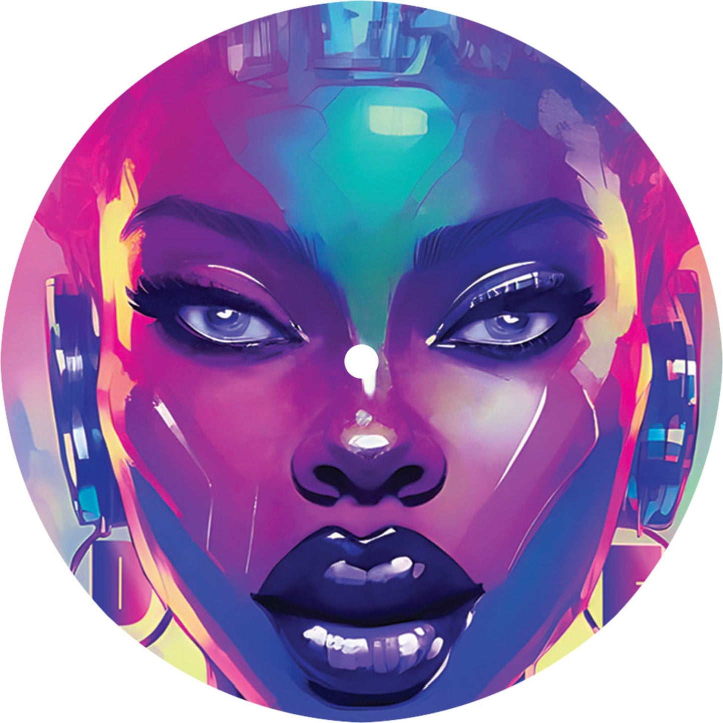Colorful digital portrait of a Black woman’s face, centered in a circle.