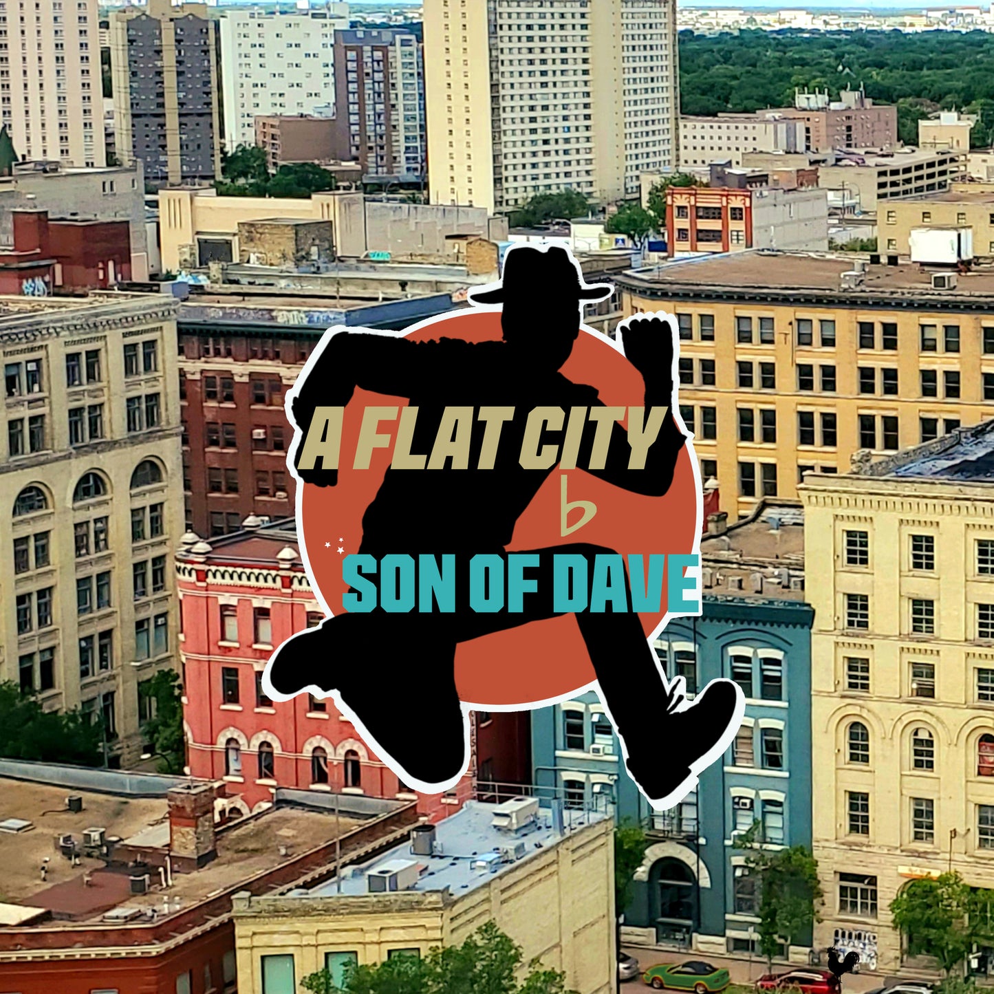 Vinyl record cover with a silhouette figure over a city skyline.