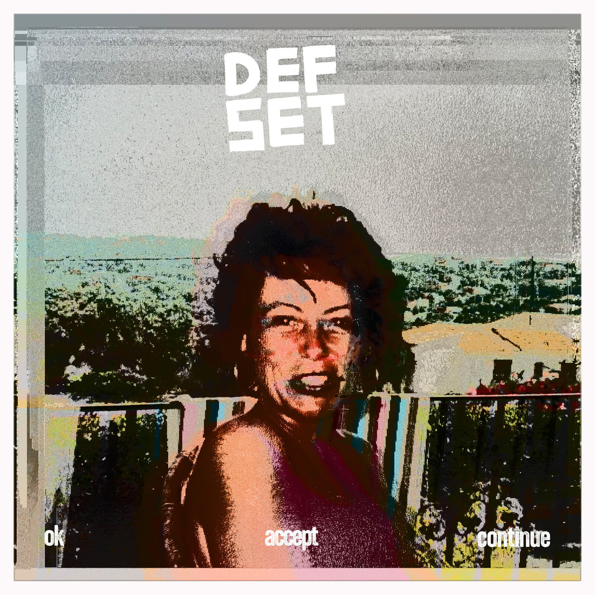 Vinyl record cover with distorted portrait of a smiling woman.