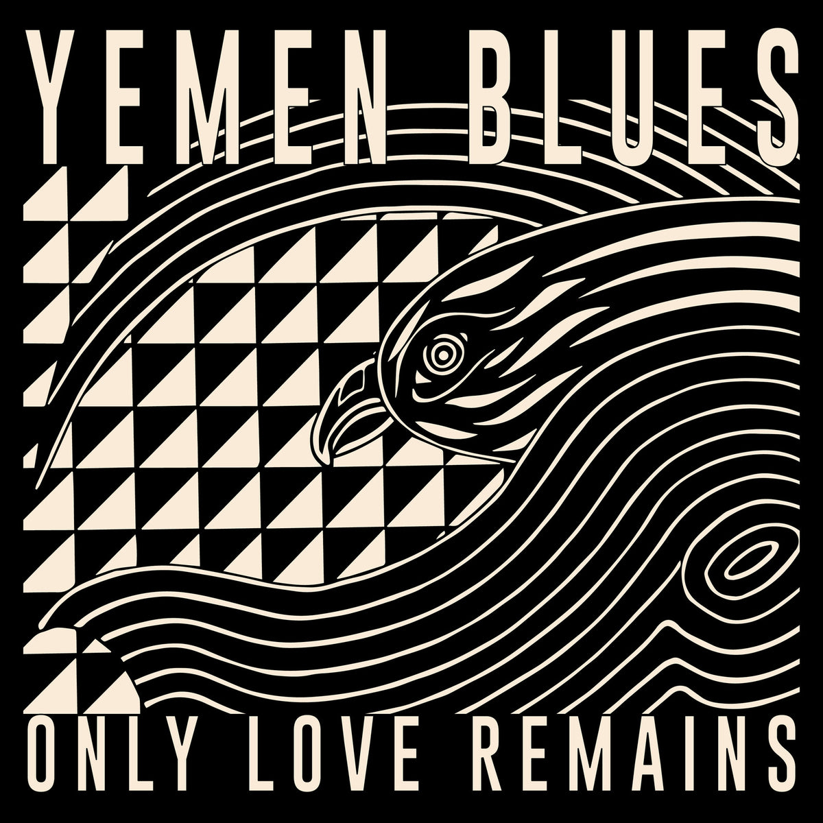 Black and beige album cover with a bird’s head and geometric patterns.
