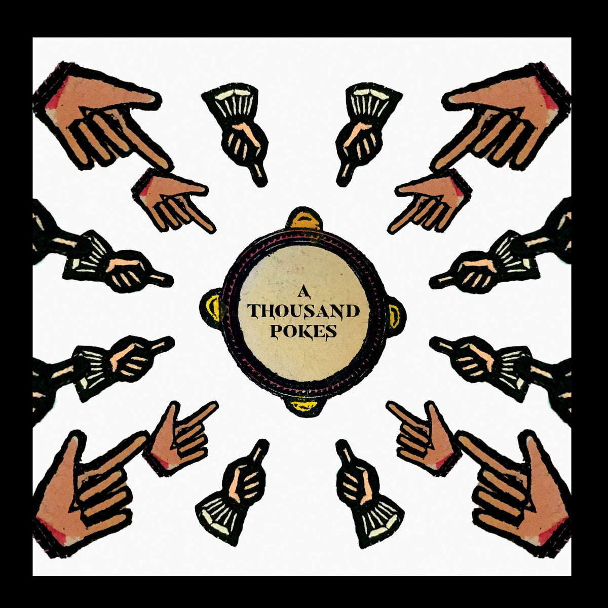 Vinyl record cover with stylized hands pointing towards a central label.