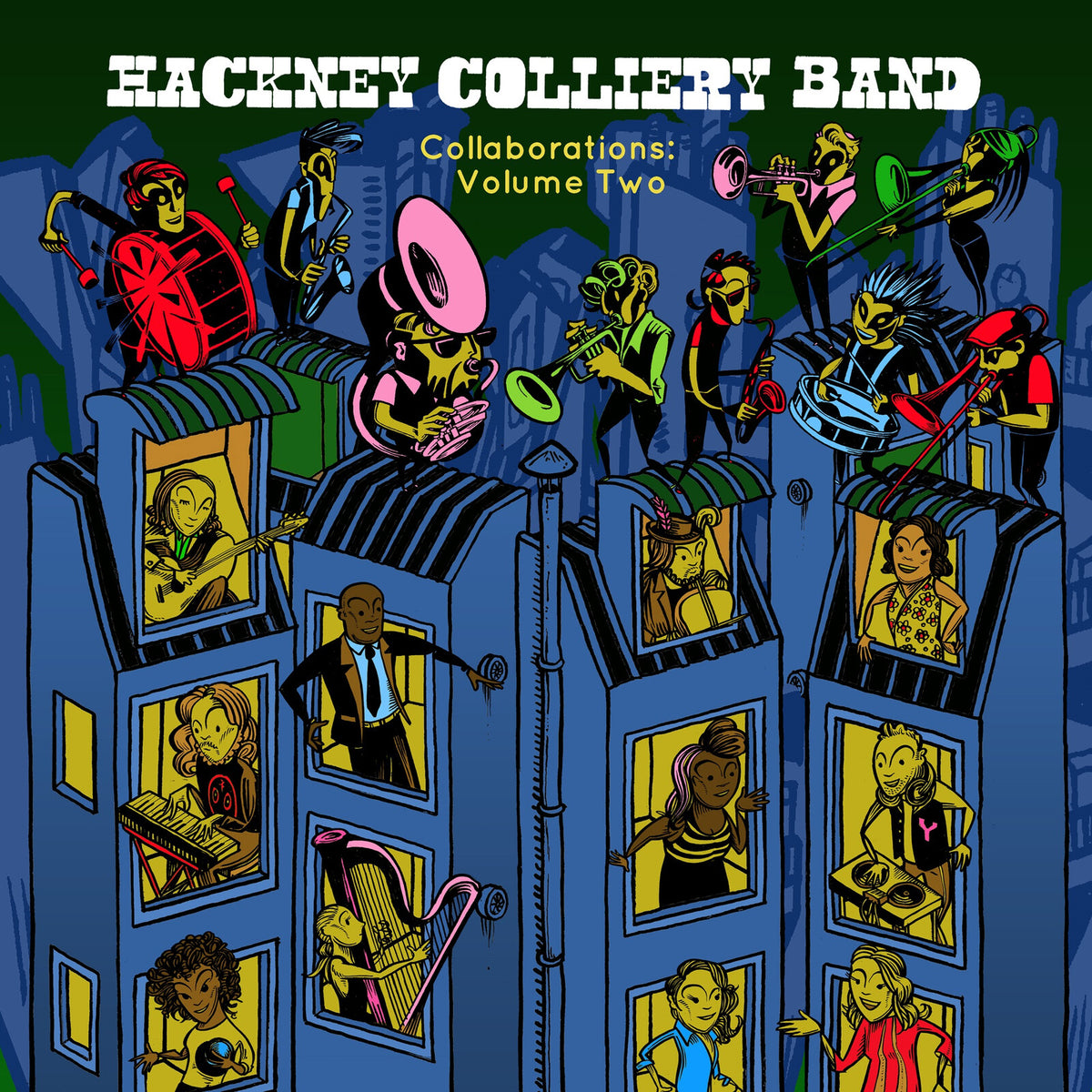 Hackney Colliery Band album cover depicting musicians on rooftops.