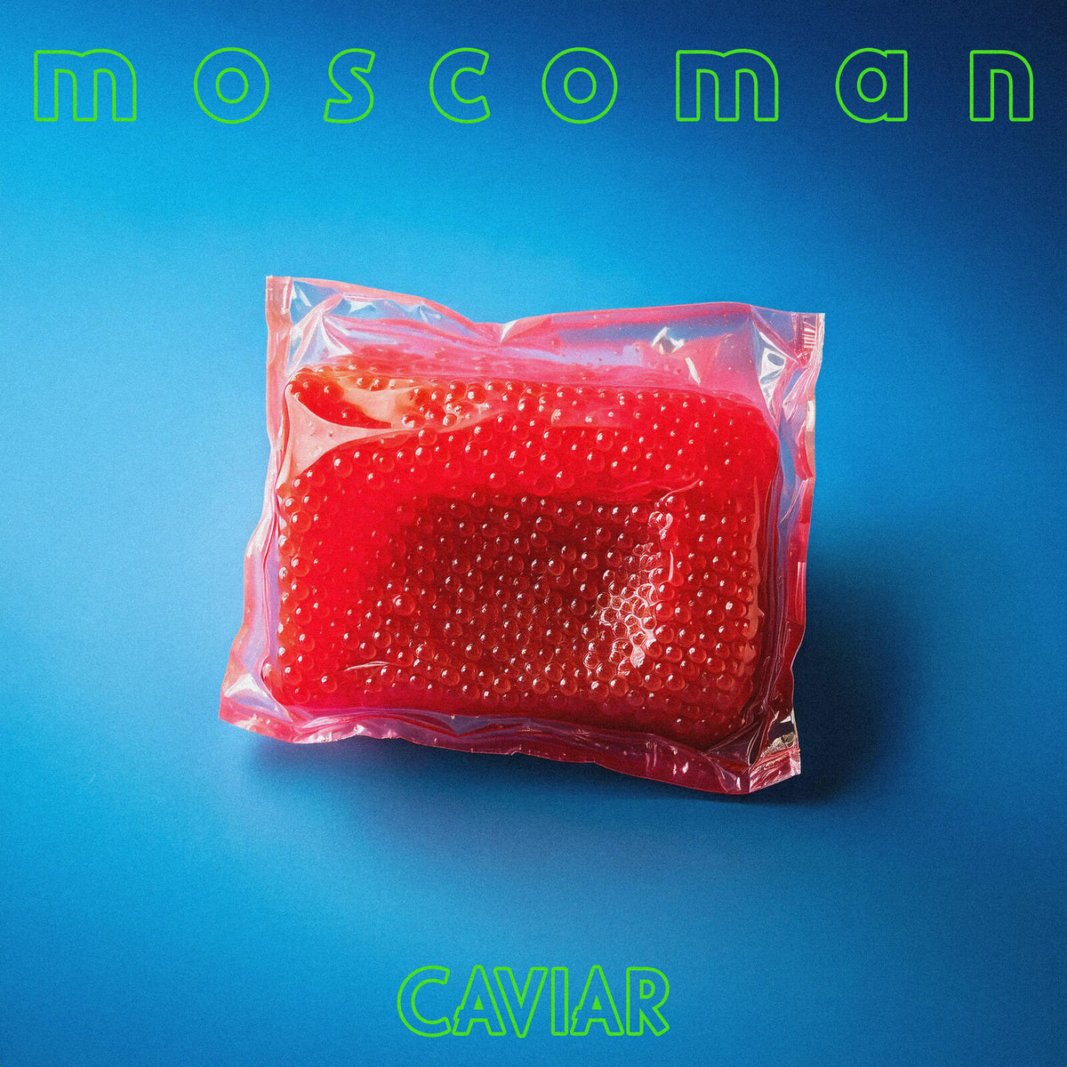 CD cover with red caviar in a plastic package on blue.