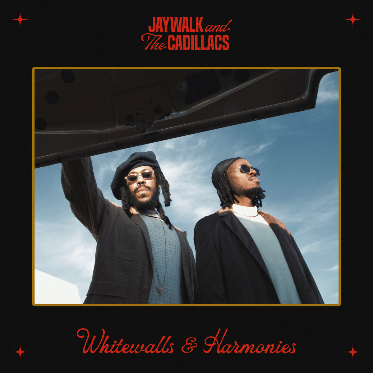 Album cover for Jaywalk and The Cadillacs, featuring two men and a car.
