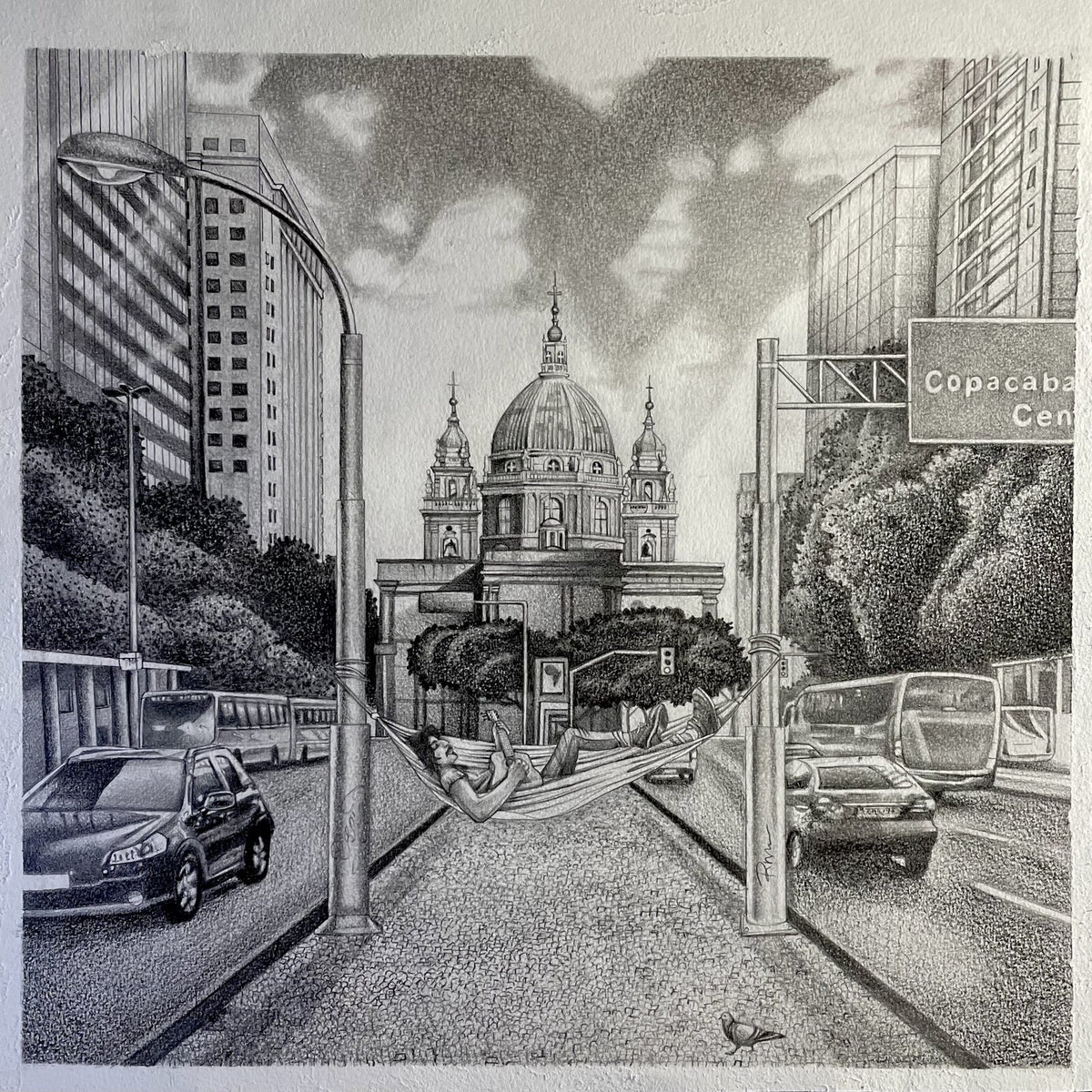Detailed pencil drawing of Copacabana Palace and surrounding city street.