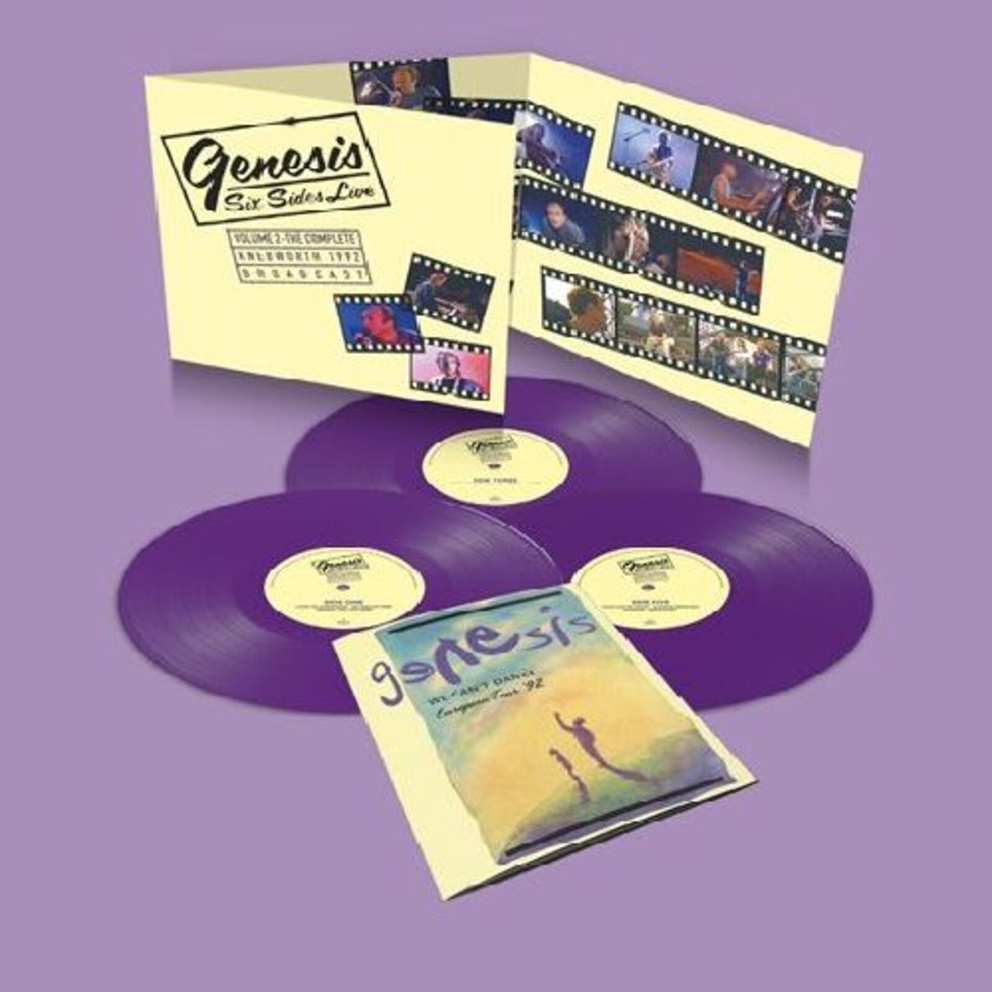Purple vinyl records and album artwork for Genesis’ “Six Sides Live Volume 2.”