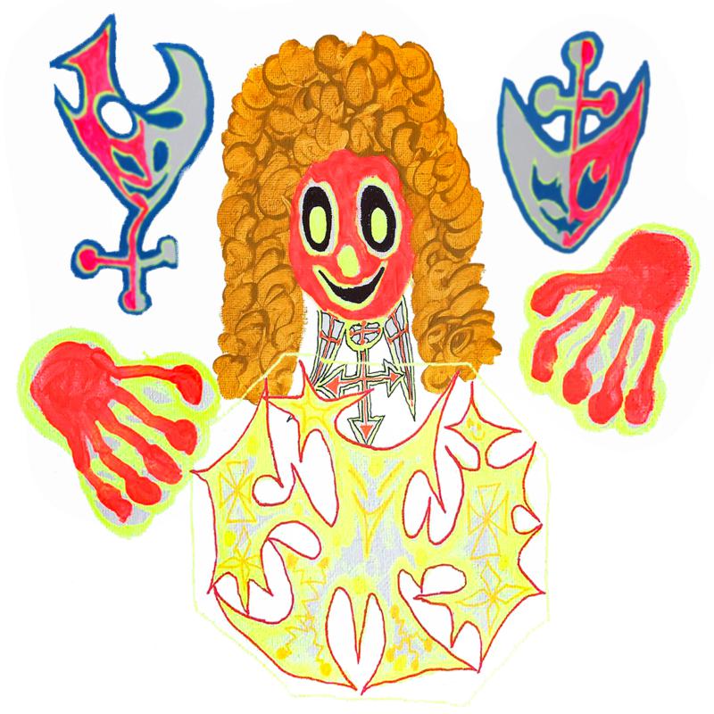 Colorful illustration of a figure with a large wig and hands, abstract shapes.