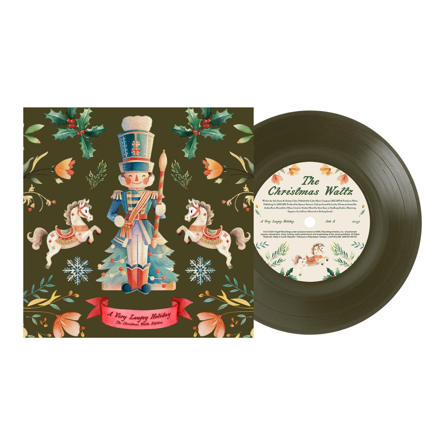 Laufey’s “The Christmas Waltz” vinyl record with festive, colorful artwork.