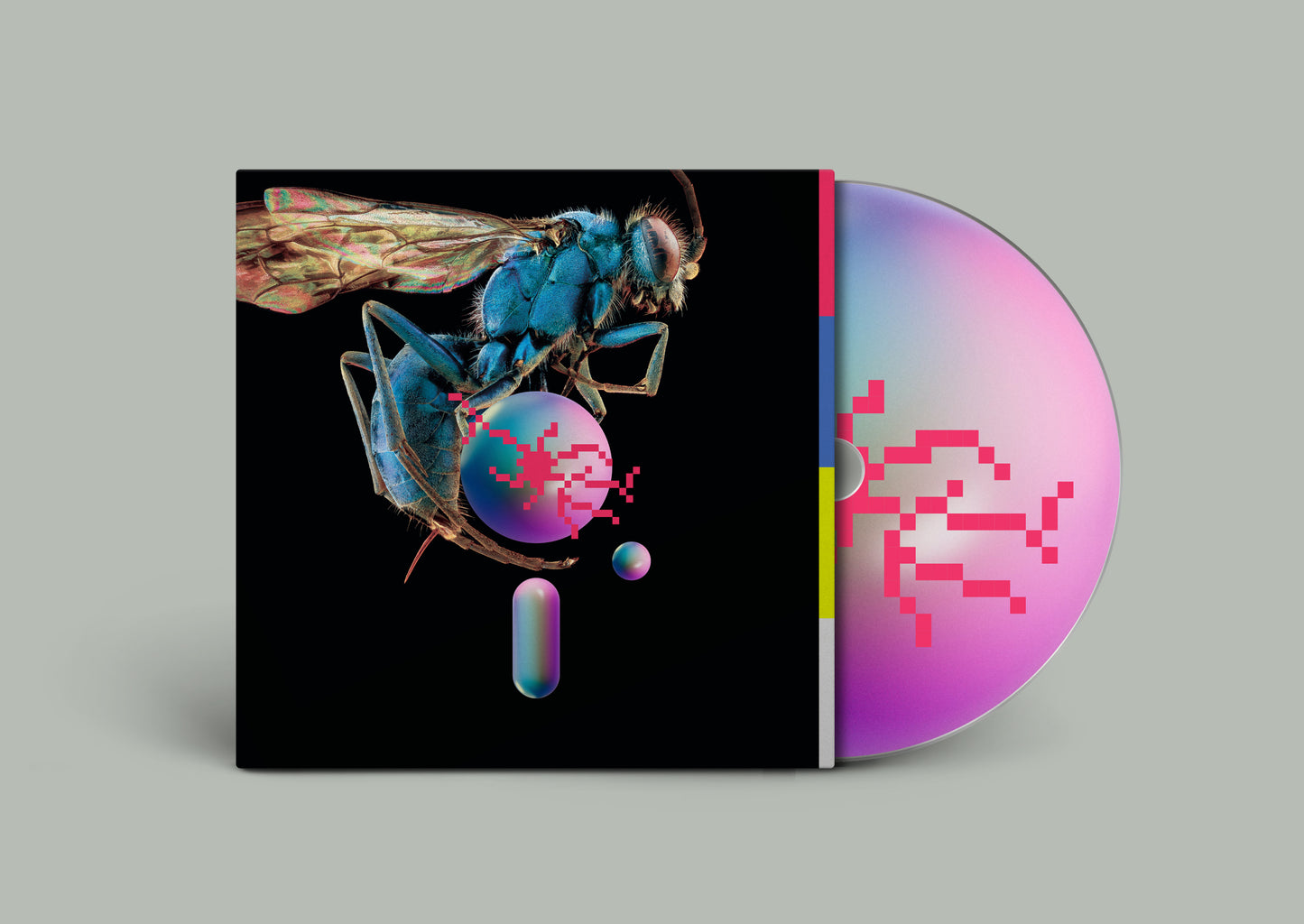 CD case and disc featuring a blue insect with pixelated effects.